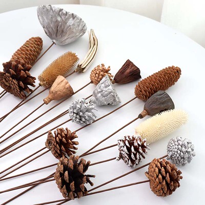 干花束带杆天然松果插瓶装饰摆件