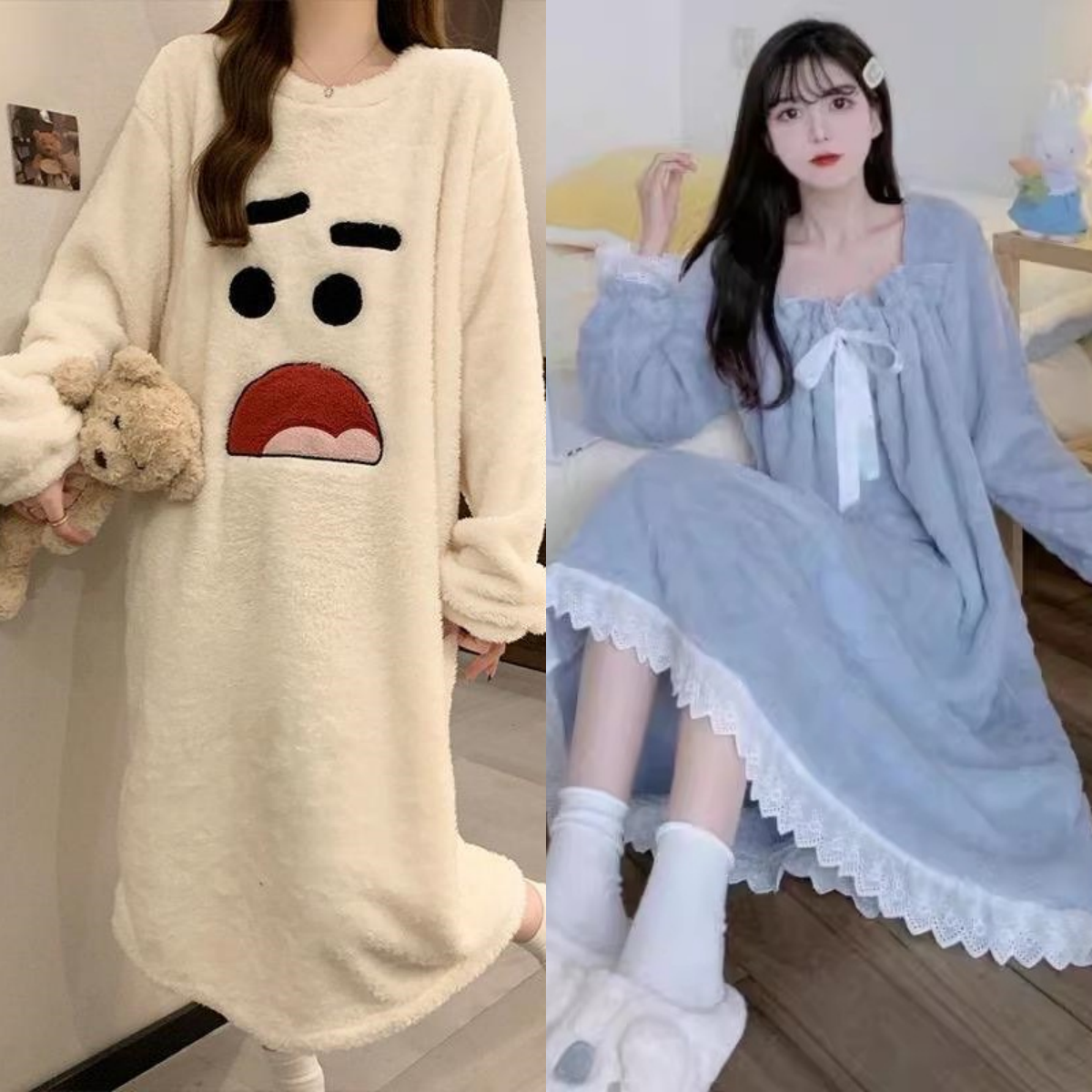 【买一送一】珊瑚绒法兰绒睡裙女冬季长袖卡通可爱甜美睡衣裙子