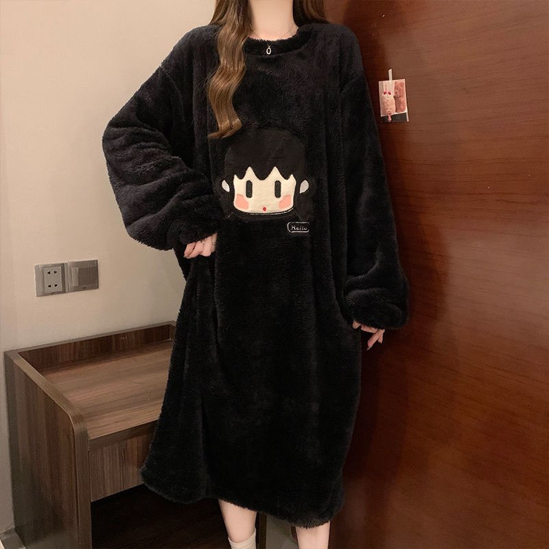 长袖睡裙女秋冬季加绒休闲大码薄款珊瑚绒长款过膝裙子家居服冬天