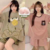 【 Buy One get one Free 】 Summer pure cotton short-sleeved parent-child set with breast pad pajamas for women, plus plappy size for wearing outside thumbnail 7