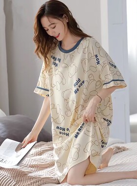 2024夏季睡衣女短袖纯棉学生休闲网红宽松加大码连体睡裙女可外穿