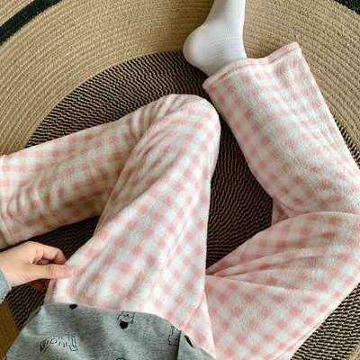 睡裤女秋冬季法兰珊瑚绒宽松大码加绒保暖可外穿月子格子睡衣裤子