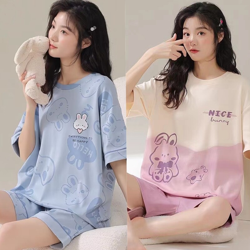 【两套】小个子韩版休闲睡衣女夏季短袖纯棉学生两件套装家居服