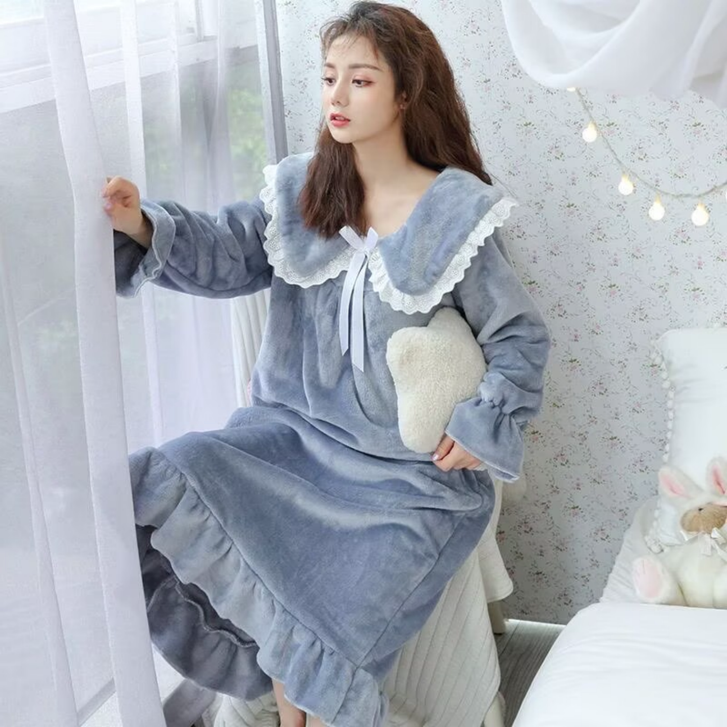 甜美可爱睡裙女款秋冬季珊瑚绒加厚孕妇大码睡衣裙子可外穿家居服