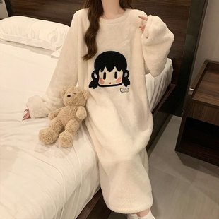 睡裙女款秋冬季加绒宽松加大码法兰绒孕妇微胖连衣裙睡衣可外穿