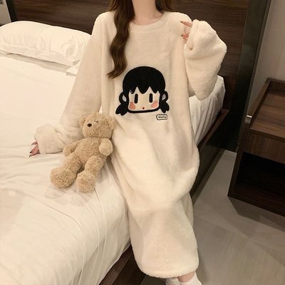 睡裙女款秋冬季加绒宽松加大码法兰绒孕妇微胖连衣裙睡衣可外穿