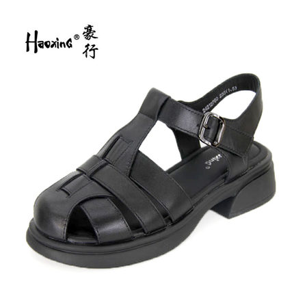 豪行夏季新款24212760羊皮真皮包头女凉鞋方跟粘扣罗马鞋编制鞋