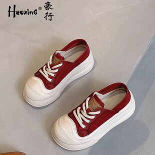 豪行秋季新款24374679真皮增高厚底百搭运动鞋丑萌奶糕鞋女