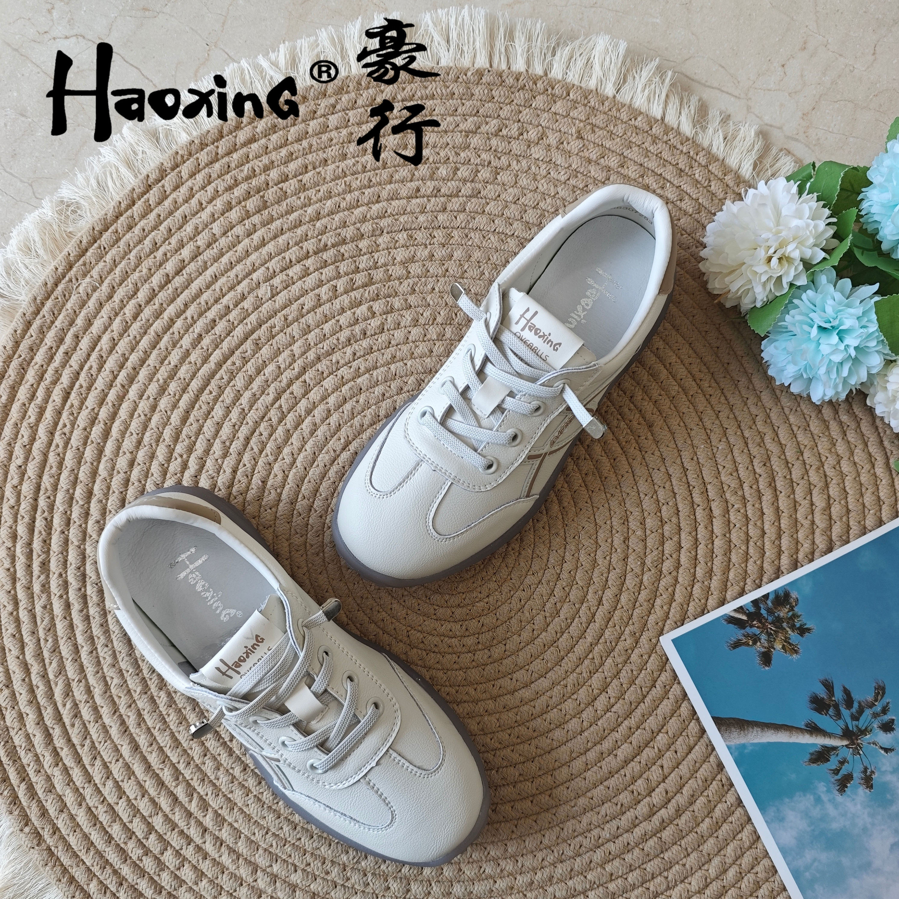 豪行休闲真皮板鞋平跟超轻小白鞋