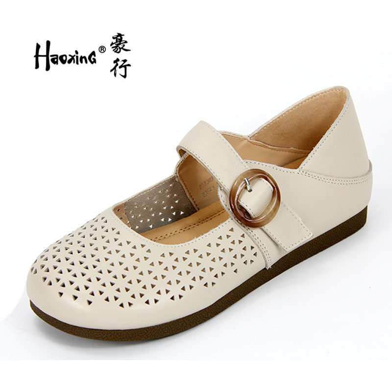 豪行夏季新款25230276真皮打孔透气休闲平底女鞋盘带粘扣防滑底鞋