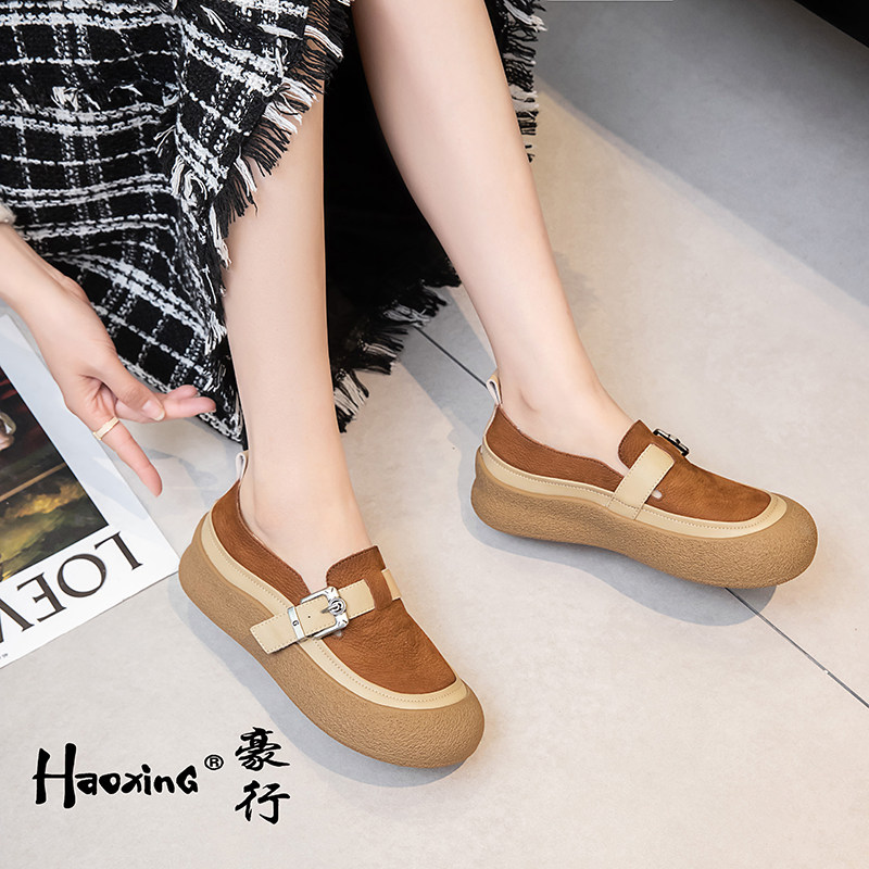 豪行女鞋春款25143002真皮休闲复古风软底软面圆头厚底休闲女鞋
