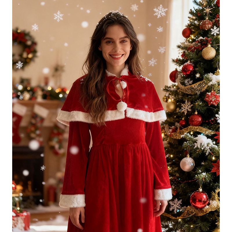 圣诞风红色披肩连衣裙女圣诞节cos表演服舞台演出派对礼服