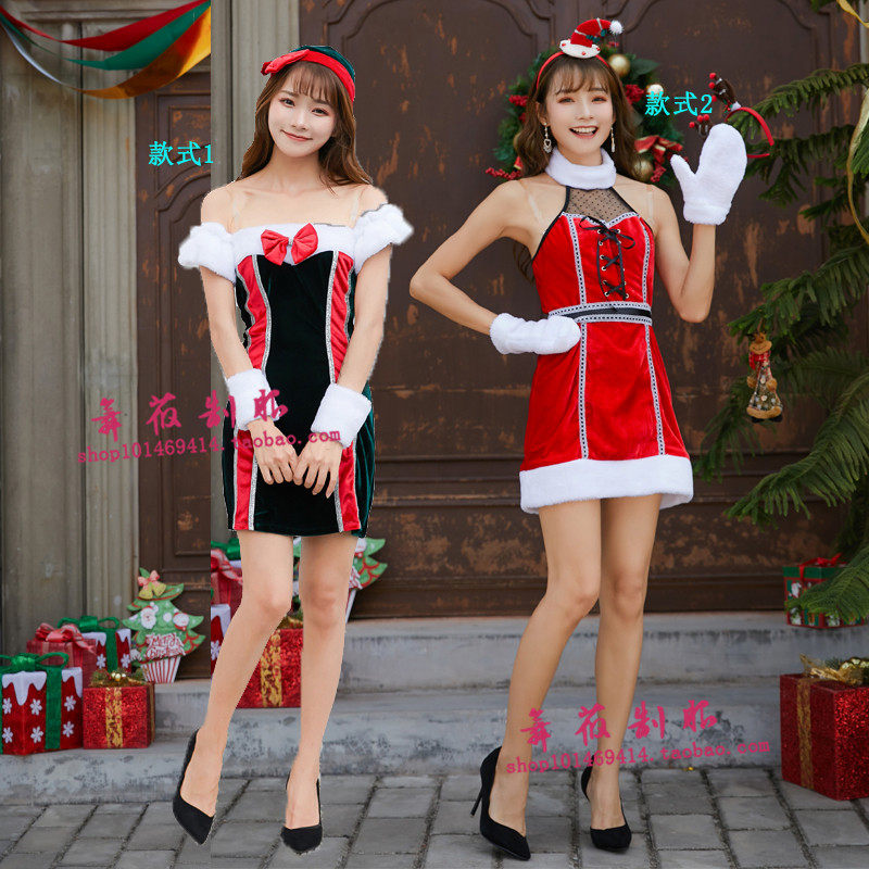 2019圣诞节礼服酒店商场演出服装圣诞节目表演服大红色吊脖连衣裙