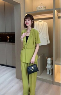 韩版 外套女2023新款 时尚 气质显瘦阔腿裤 高级感 短袖 两件套大码 西装
