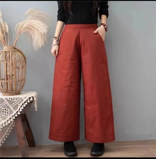 保暖阔腿长裤 复古夹棉加厚棉裤 女外穿2023秋冬宽松休闲轻薄直筒裤