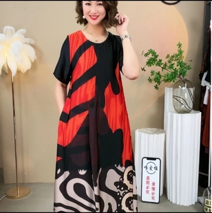 闊太太真絲桑蠶絲連衣裙女夏裝 寬松遮肚子?jì)寢審?fù)古中長裙 高端大碼