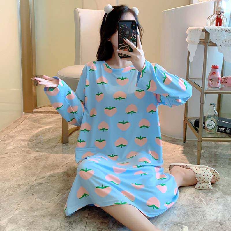长袖睡裙女春秋纯棉大码宽松中长款裙子可外穿秋冬薄款胖mm睡衣