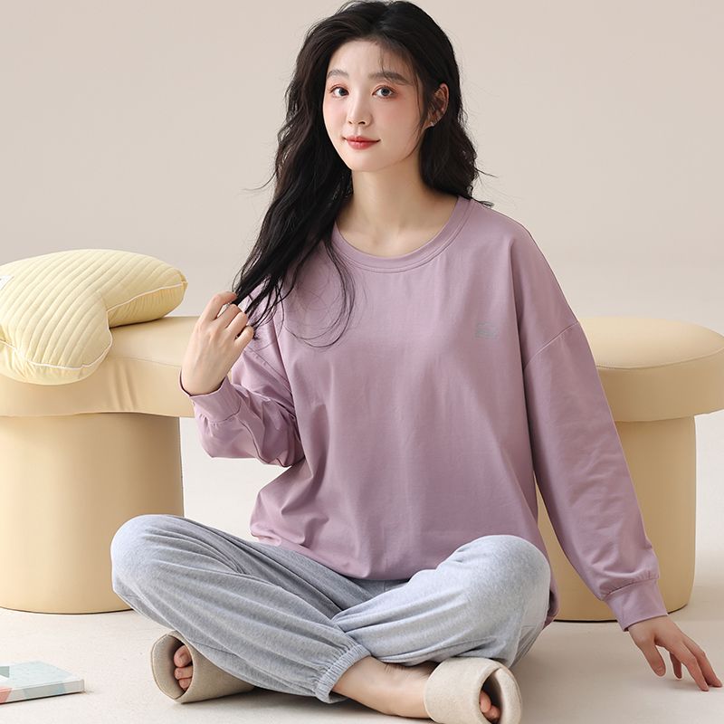 新款睡衣女春秋季长袖圆领套头带睡衣/家居服套装