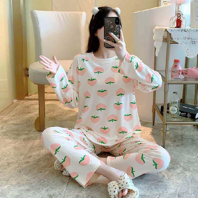 新款女士睡衣春秋冬季薄款长袖长裤棉质圆领宽松版学生家居服套装