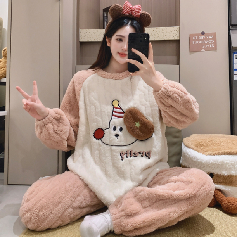 珊瑚绒睡衣女士秋冬季新款甜美圆领可外穿加厚保暖长袖家居服套装