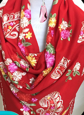 捡漏高端女纯羊毛绒刺绣花婚礼披肩秋冬民族风妈妈大围巾礼品盒装