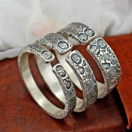 999足银三面宽吉言手工实心开口