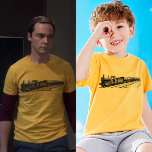 谢尔顿复古小火车印花儿童短袖t恤男童趣味夏季春秋游纯棉上衣服