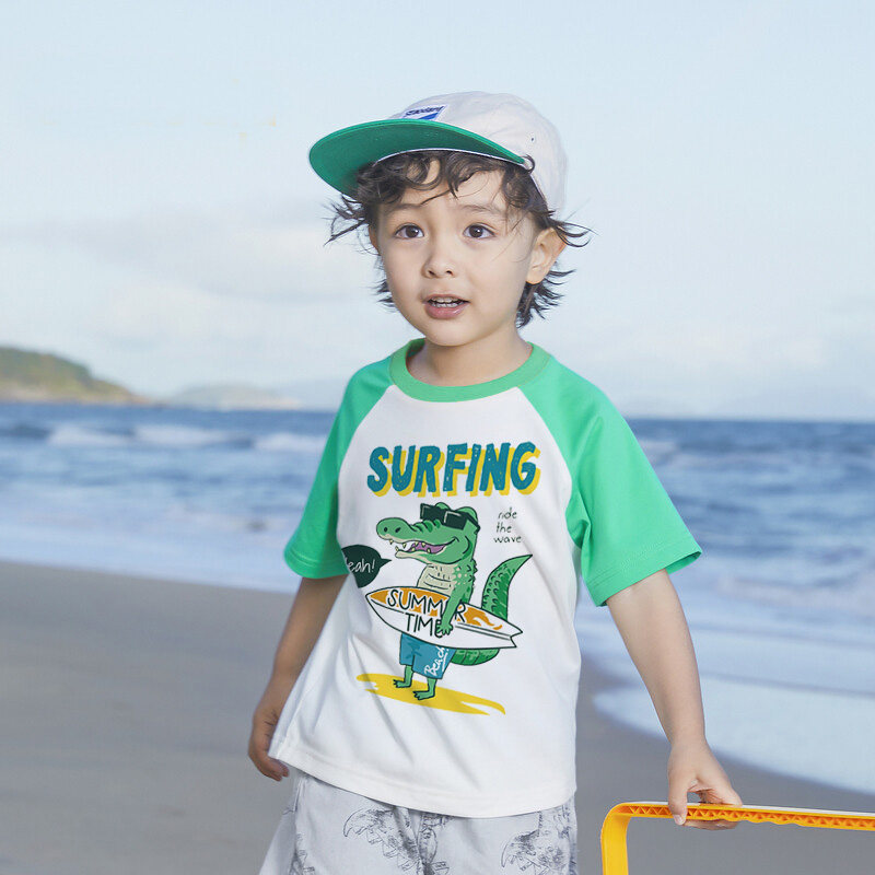 冲浪鲨鱼小男孩短袖童装夏季宽松沙滩海边小童t恤衣服萌娃打底衫