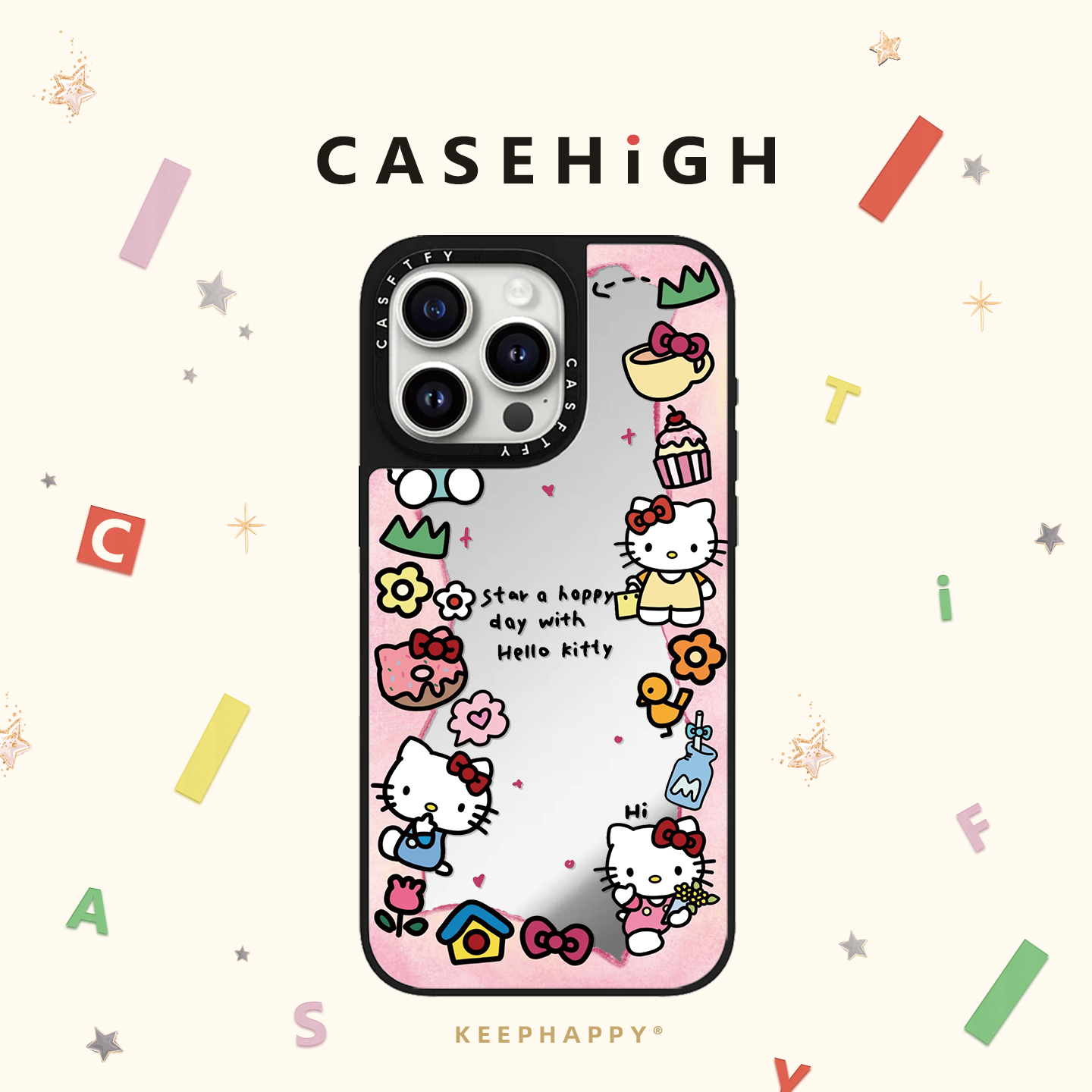 CASE联名粉白波浪纹Kitty猫适用iphone16手机壳17promax苹果15pro镜面MagSafe磁吸14日韩13卡通C家女12