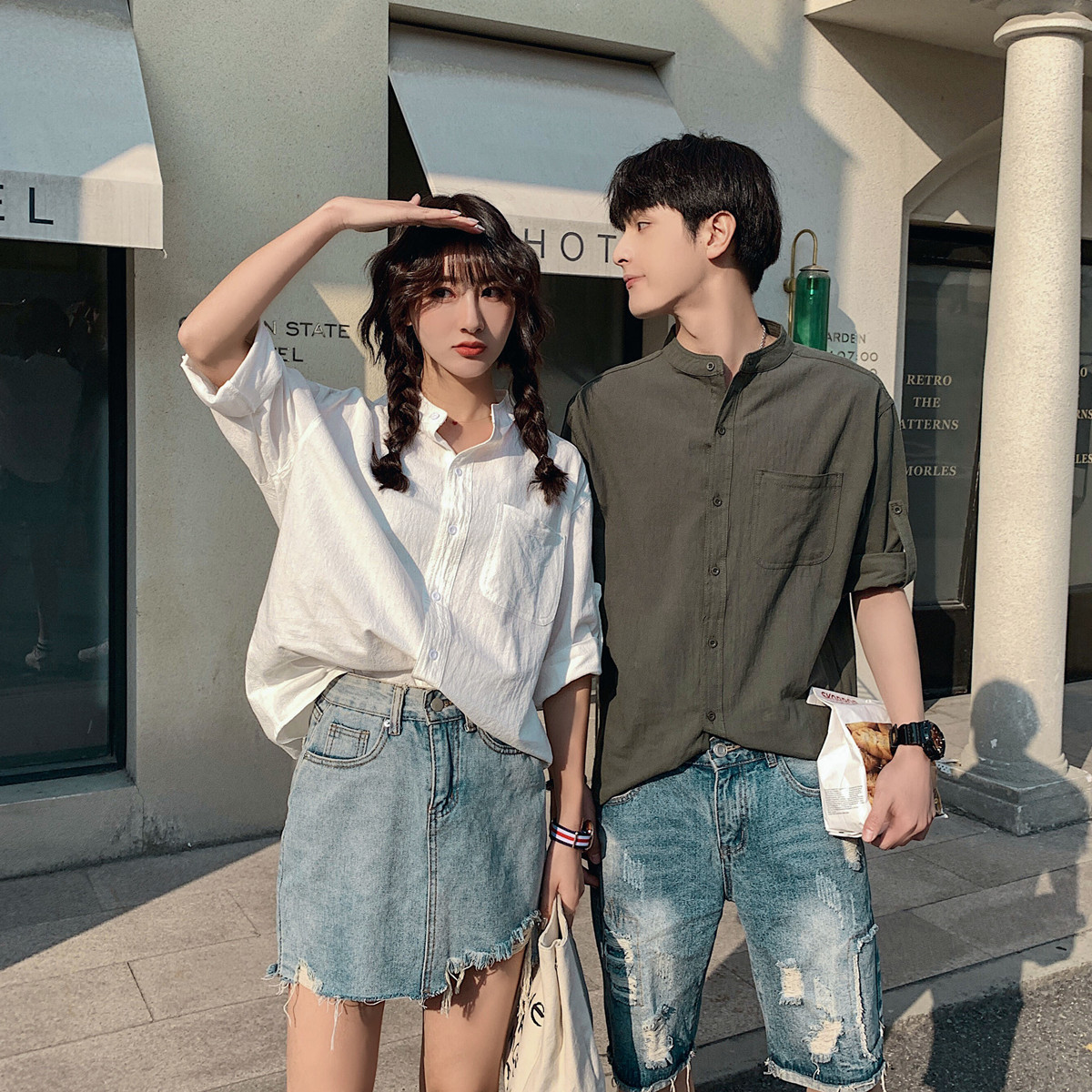 Real shooting summer cotton and hemp short sleeve shirt Hong Kong Style couple fashion brand small fresh stand collar white shirt