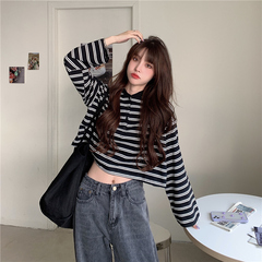 Real shot cotton spring dress new Korean loose long sleeve t-shirt female stripe collar button