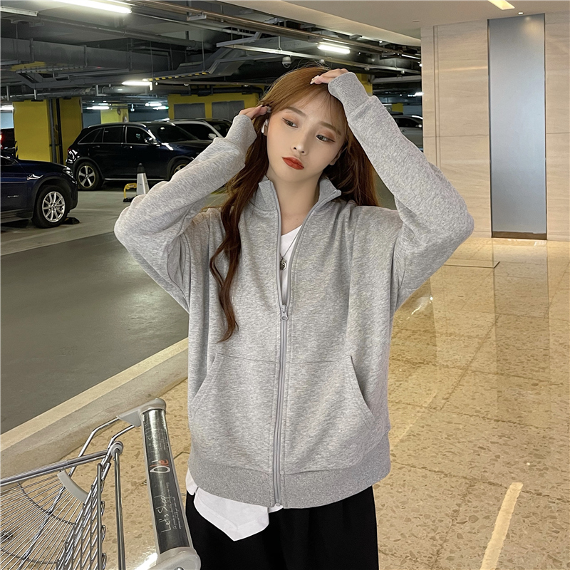 Real shot cotton polyester spring clothes Plush sweater women's cardigan zipper hood