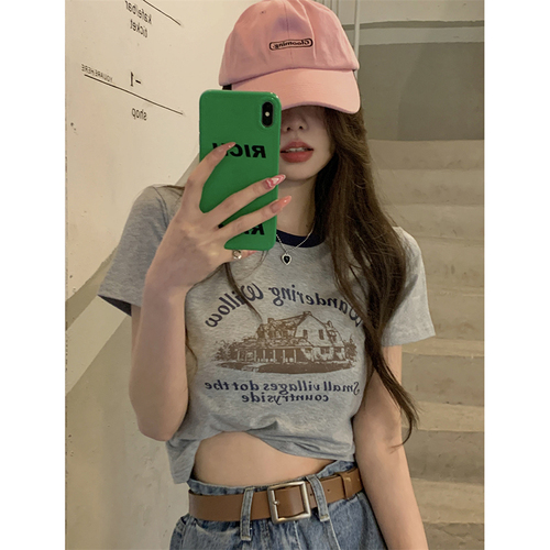 Real price official figure 6535 pull frame cotton American retro minority printed short sleeved T-shirt women's contrast color round neck bottoming shirt