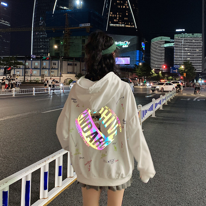 Real shot of cool bear laser reflective Hoodie medium length long sleeve jacket for women