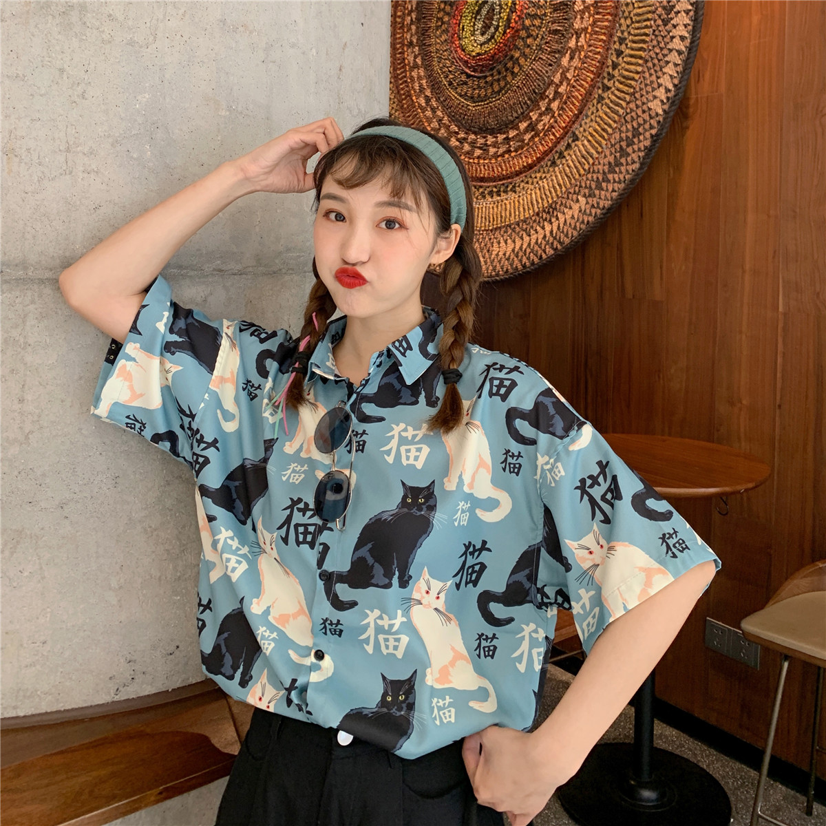 Real shot design Print Shirt women's Hong Kong style retro loose show thin Harajuku style color contrast top