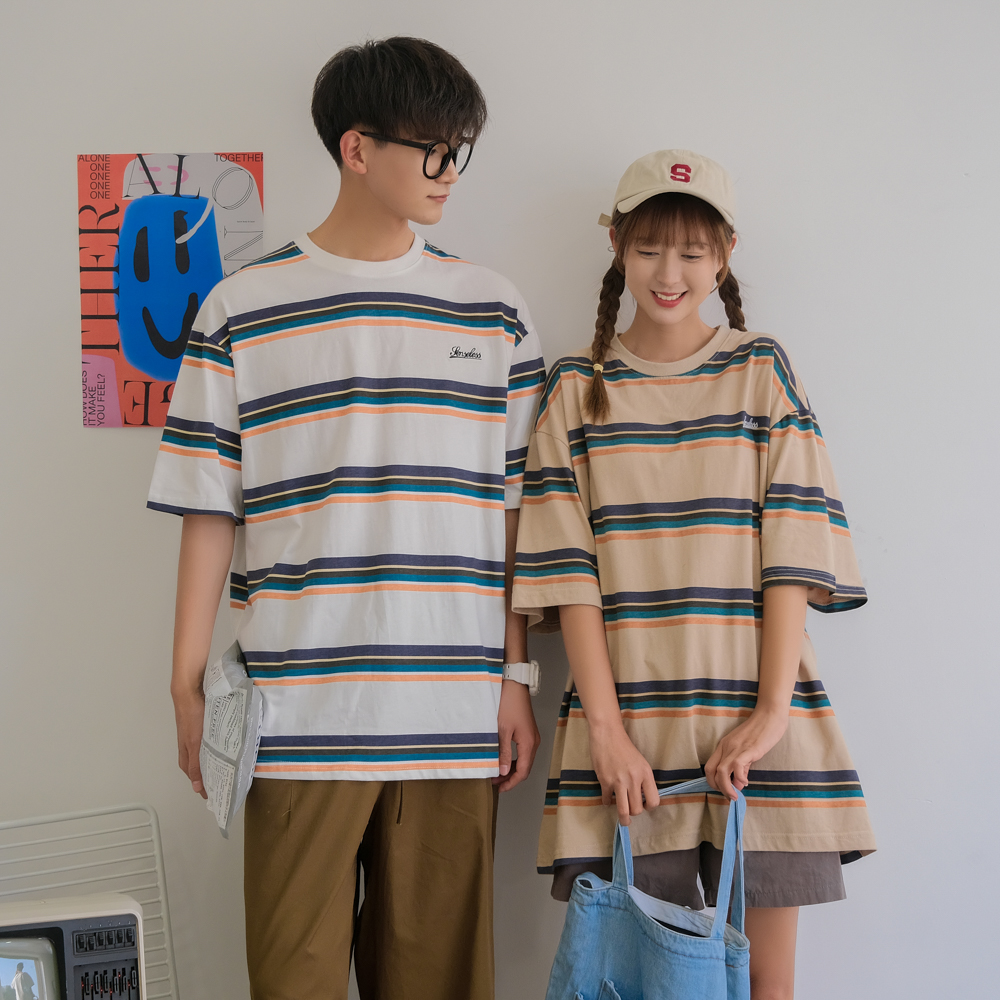 Japanese retro couple stripe T-shirt short sleeve fashion brand BF top