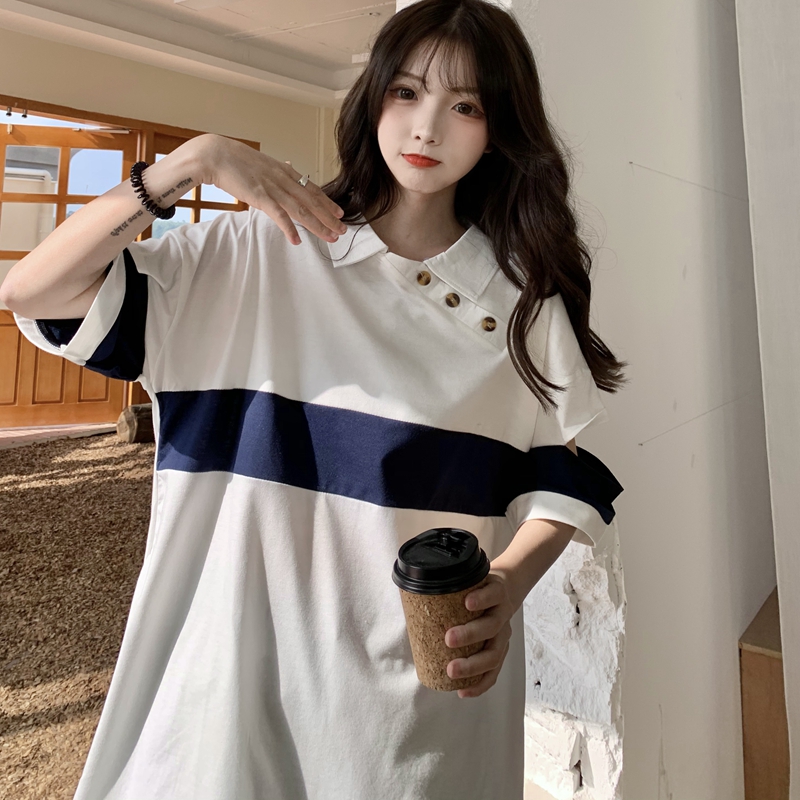 Real time pull frame color matching top with perforated sleeve and 5-sleeve loose medium length T-shirt