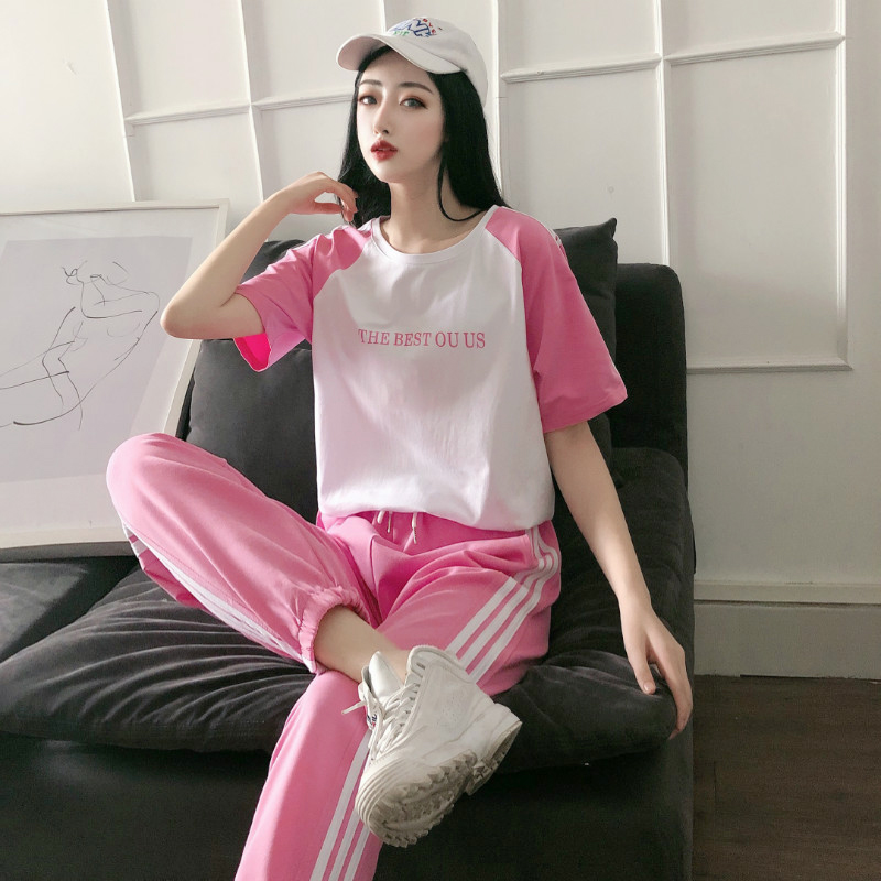 實拍時尚套裝女短袖恤洋氣個性休閒兩件套
