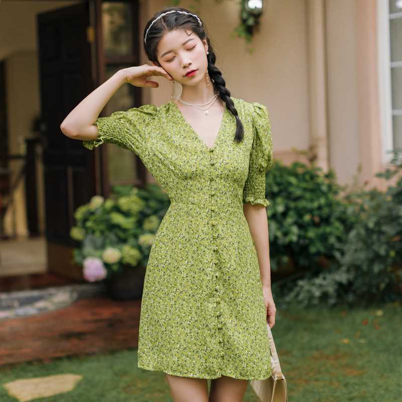 Official French Vintage Dress sweet Matcha green floral collar bubble sleeve single breasted waist dress