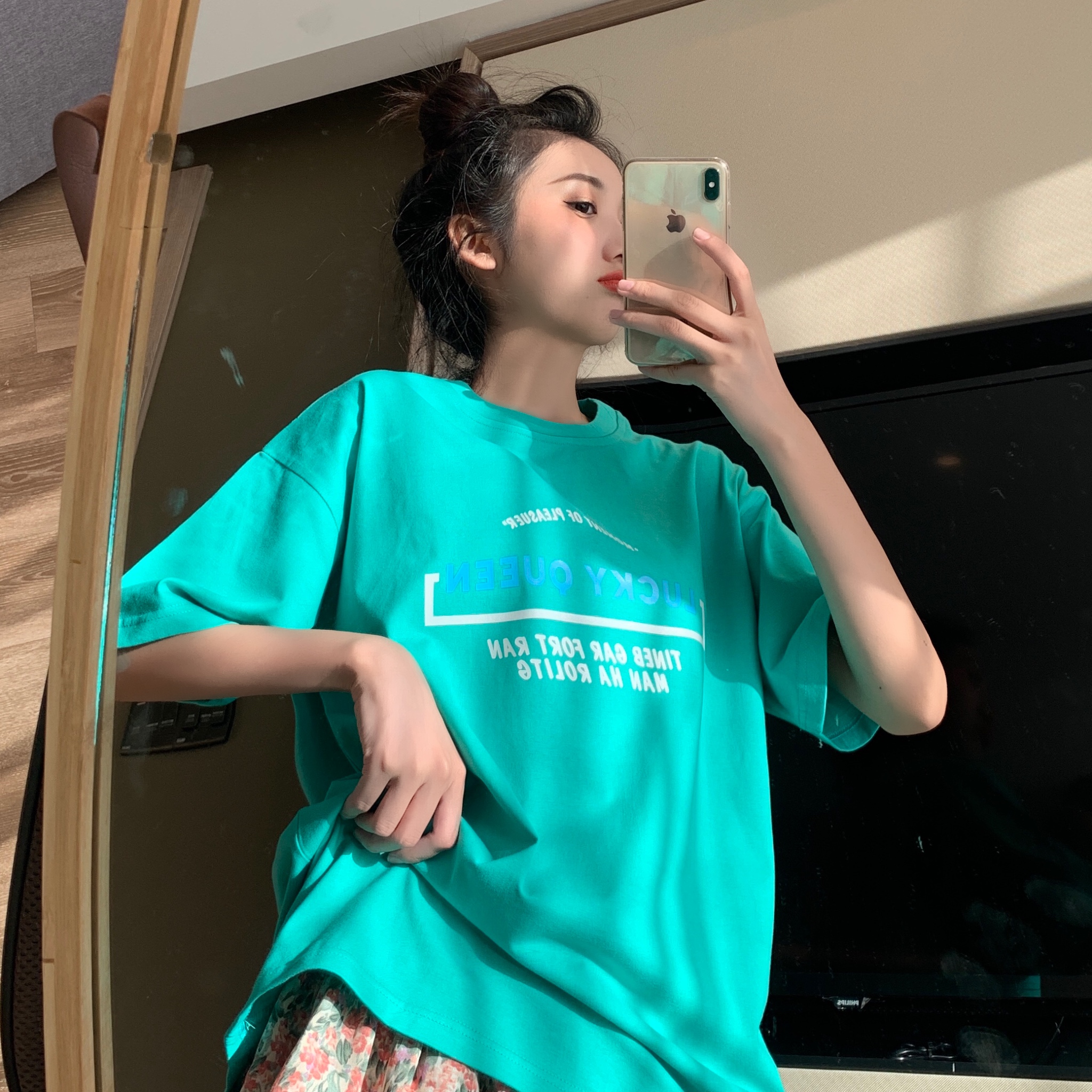 Real shot mid long Korean versatile printed T-shirt