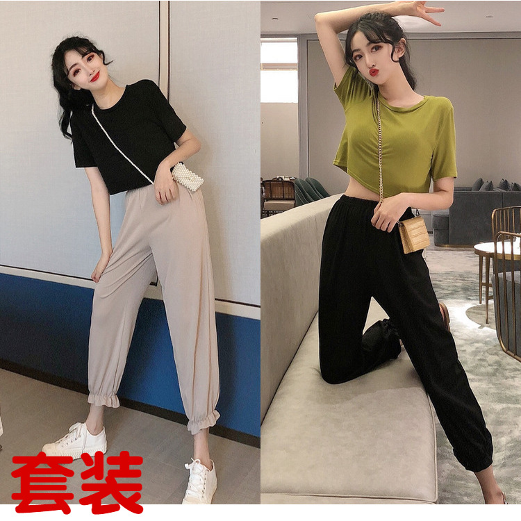 Real shot summer leisure sports style open navel suit short sleeve T-shirt women's slim Harem Pants two piece set