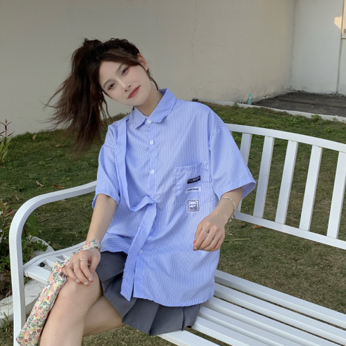 Striped short sleeved shirt loose Vintage work clothes top half sleeved design sense of niche chic shirt