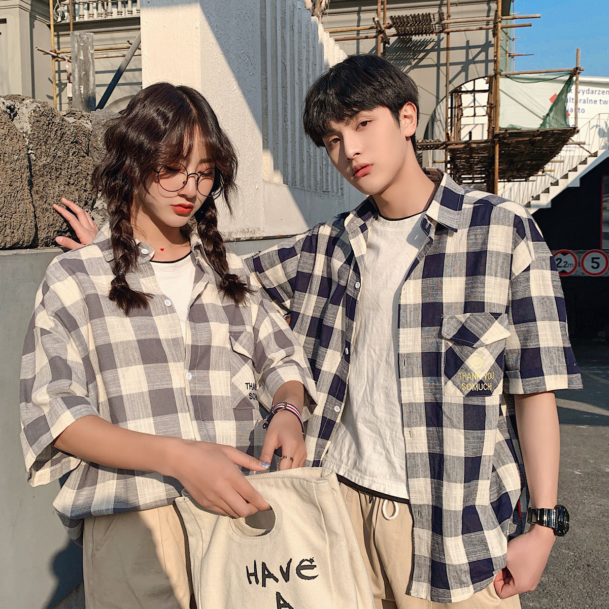 Real shot summer short sleeve couple's Plaid Shirt college wind collar half sleeve shirt girl