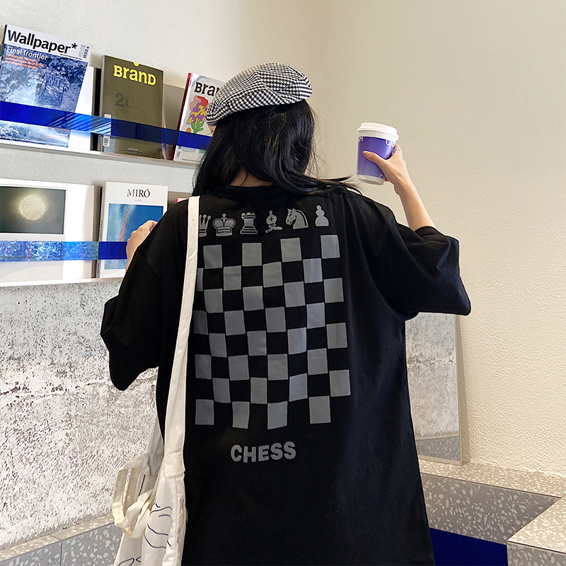 Cotton Black checkerboard short sleeve men's and women's T-shirt hip hop loose half sleeve lovers top video