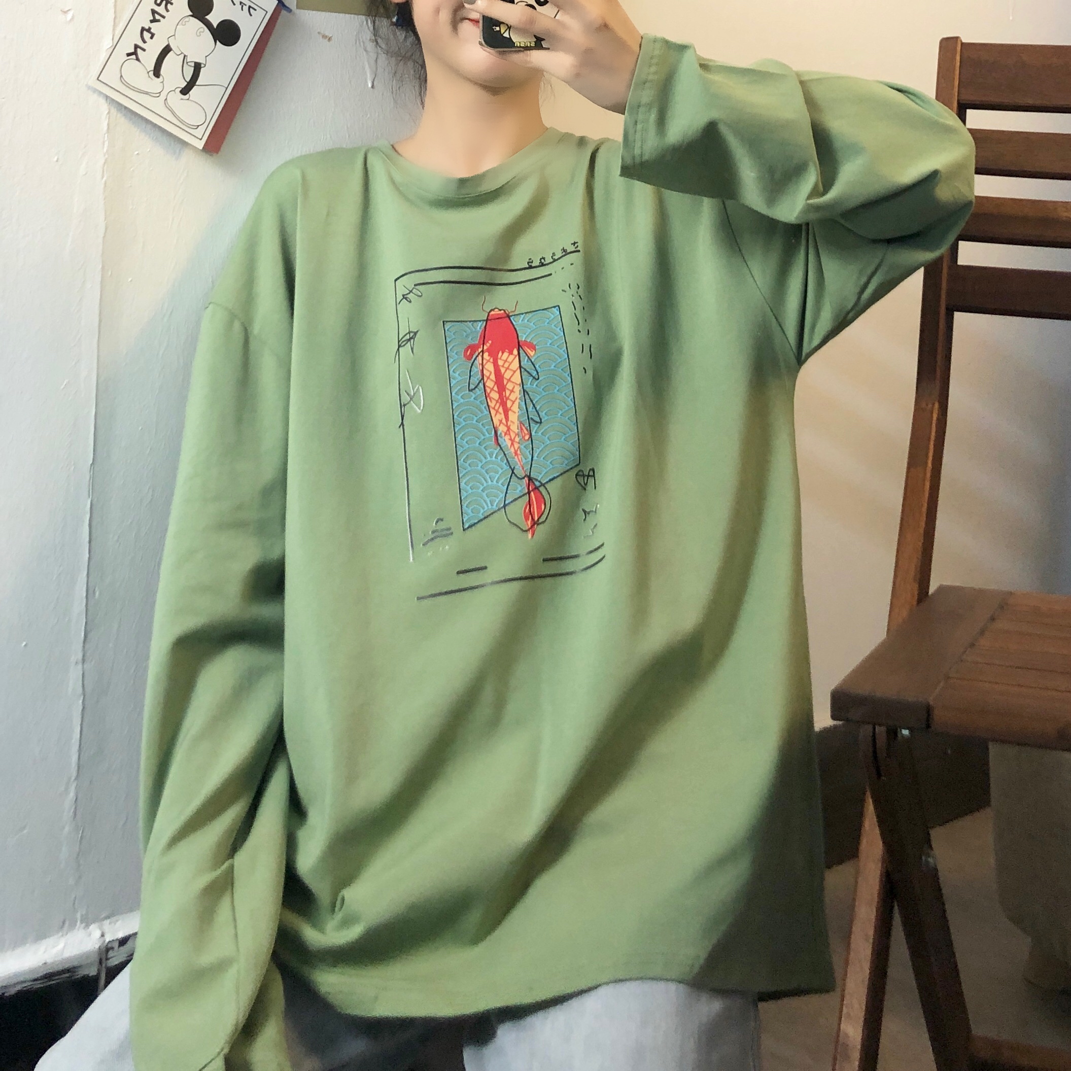 Real shot cotton medium long color long sleeve Chaowang red loose top simple and versatile