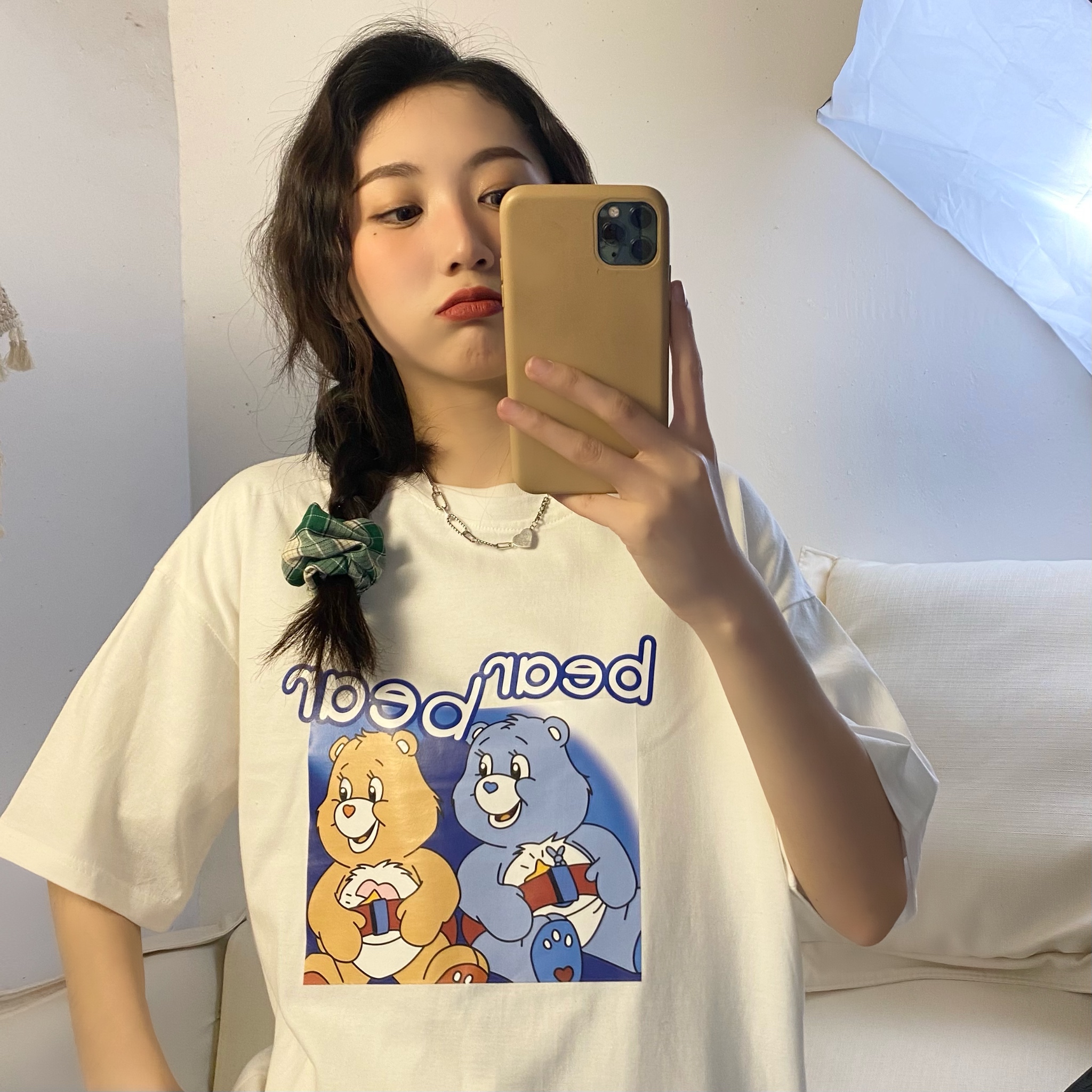 Real T-shirt women's versatile Korean medium and long bear print