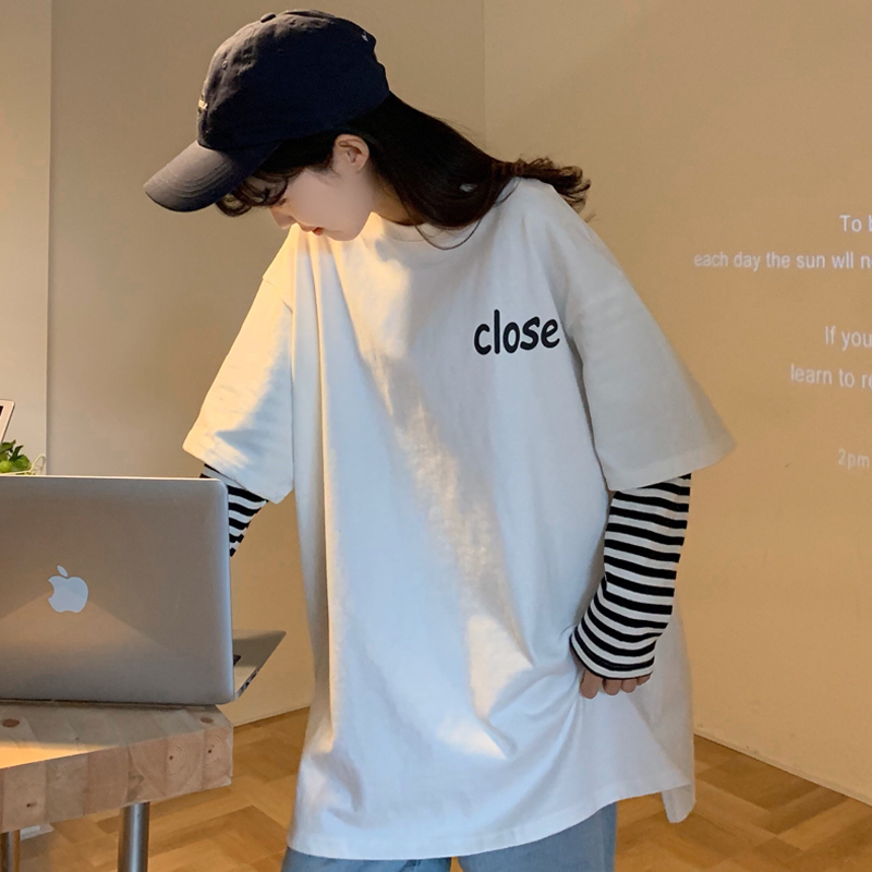 Real print striped long sleeve fake two piece bodywear for women in spring and Autumn