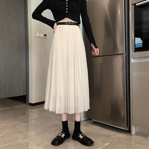 RY1561#网纱半身裙女夏季新款中长款高腰垂感显瘦腰带百褶纱裙