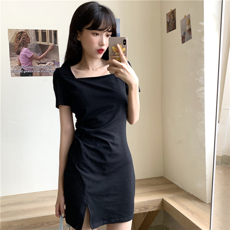 Real shot 95% cotton 5% spandex small black skirt women's summer dress French retro Hepburn style square collar T-shirt women