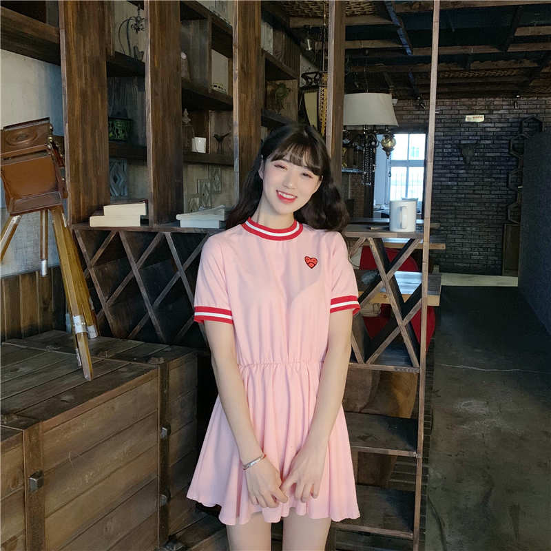 實拍小視頻春夏可愛少女愛心短袖中腰套頭連衣裙